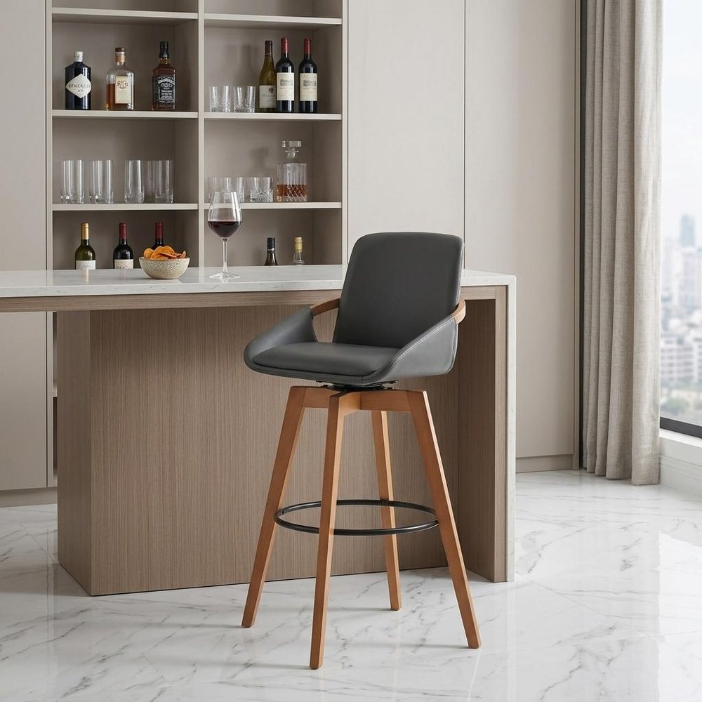 31" Gray And Black Fabric And Iron Bar Height Swivel Bar Chair