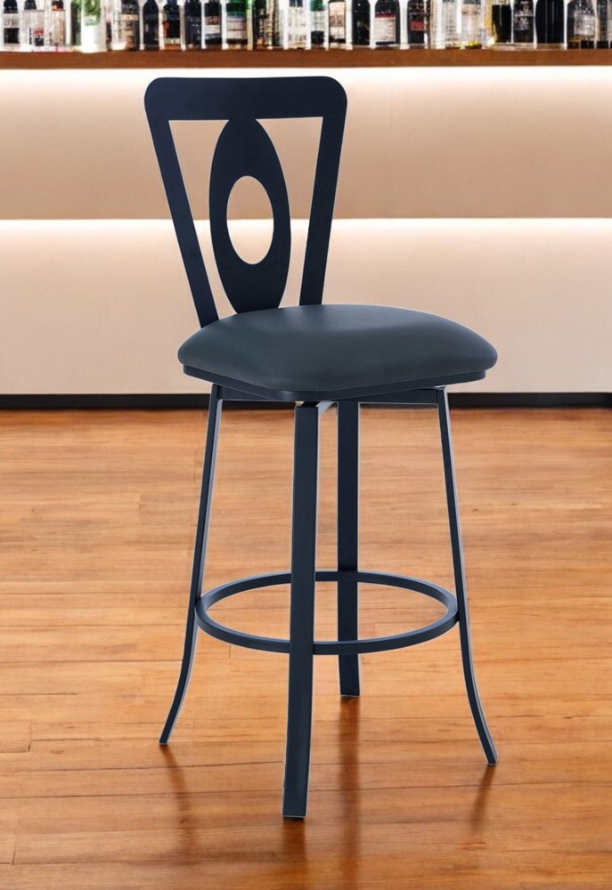30" Gray and Black Faux Leather and Iron Bar Height Swivel Bar Chair