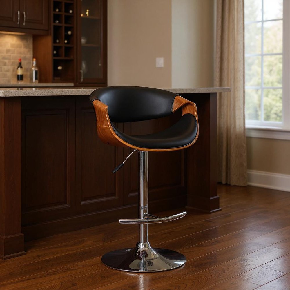 Black And Silver Fabric And Solid Wood Low Back Adjustable Height Swivel Bar Chair