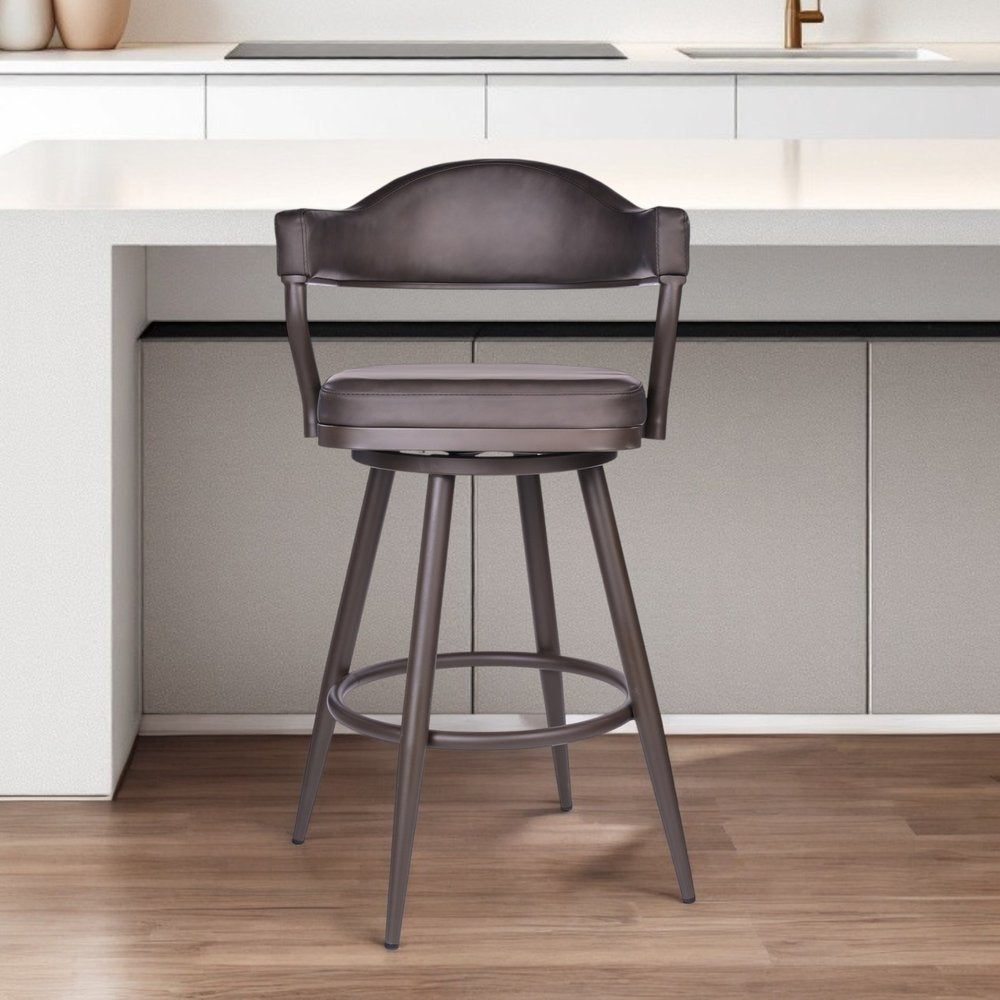 26" Brown Faux Leather and Iron Counter Height Swivel Bar Chair
