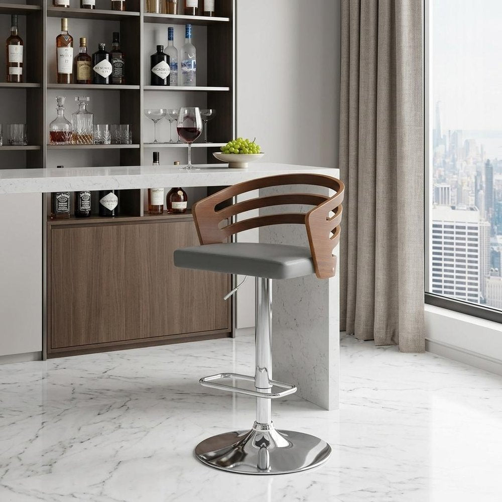 25" Gray And Silver Iron Swivel Low Back Adjustable Height Bar Chair