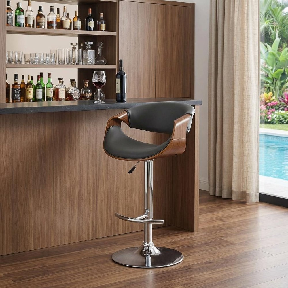 Gray And Silver Fabric And Solid Wood Low Back Adjustable Height Swivel Bar Chair