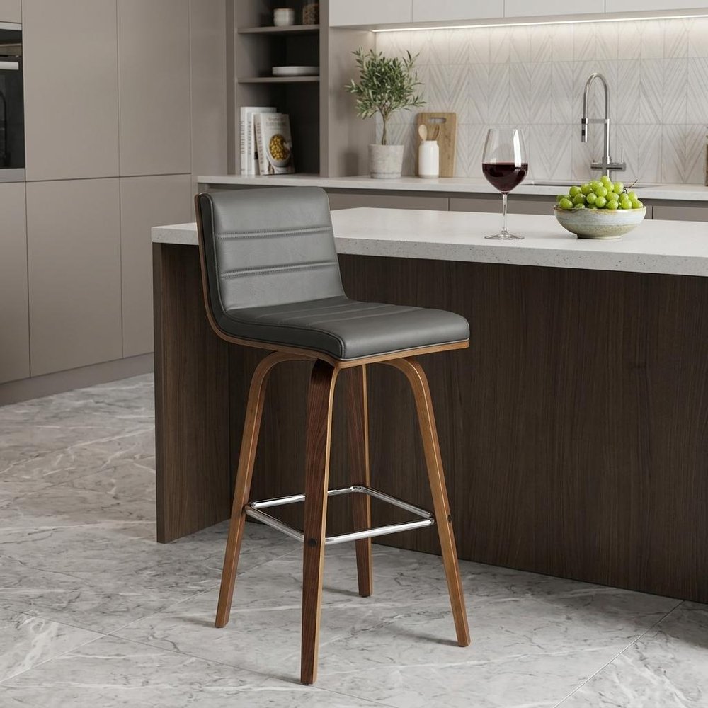 26" Gray And Brown Fabric And Solid Wood Low Back Counter Height Swivel Bar Chair