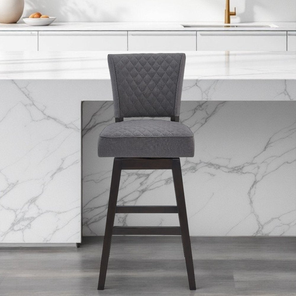 26" Gray and Espresso Fabric and Solid Wood Counter Height Swivel Bar Chair