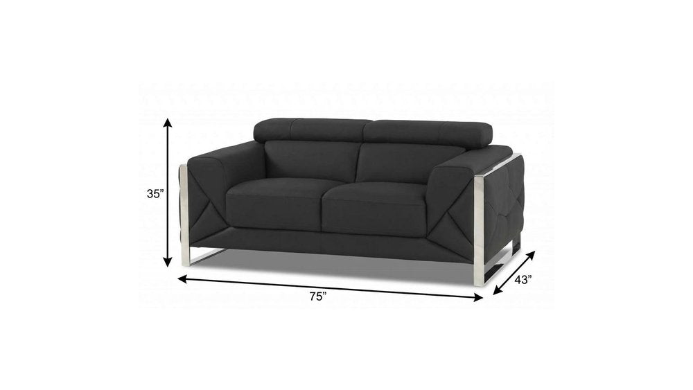 75" Gray And Silver Italian Leather Loveseat