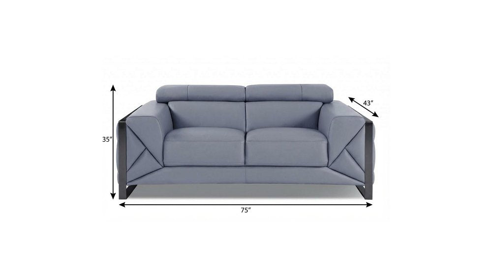 75" Light Blue And Black Italian Leather Loveseat