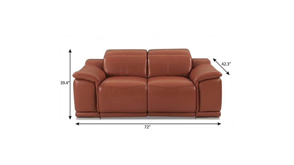 72" Camel And Silver Italian Leather Power Reclining Loveseat