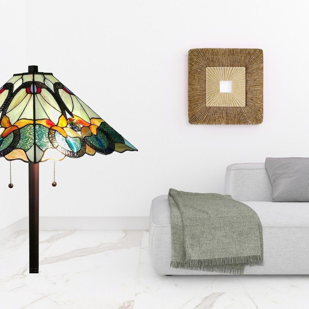 62" Espresso Two Light Torchiere Floor Lamp With Blue Flowers Glass Cone Shade