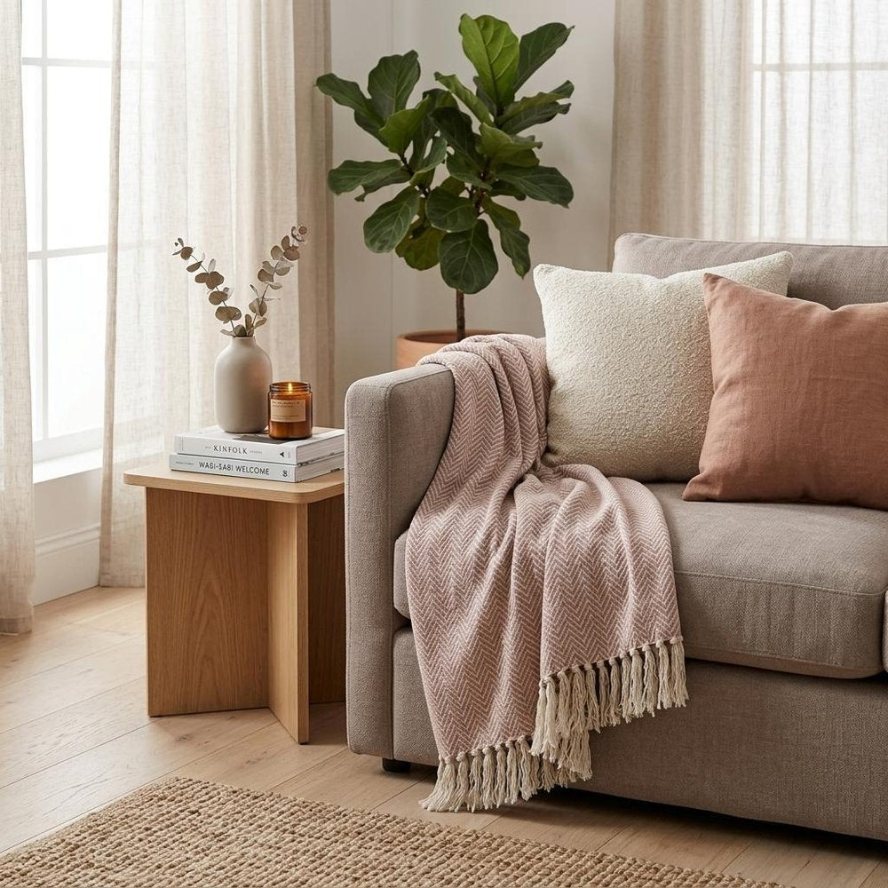 Pink Woven Cotton Solid Color Reversable Throw