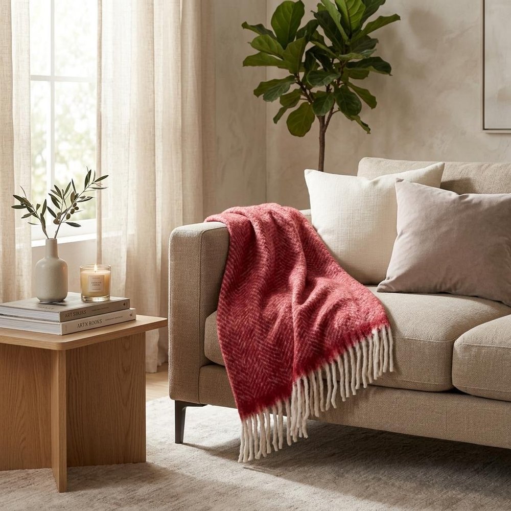 Red Woven Acrylic Solid Color Reversable Throw