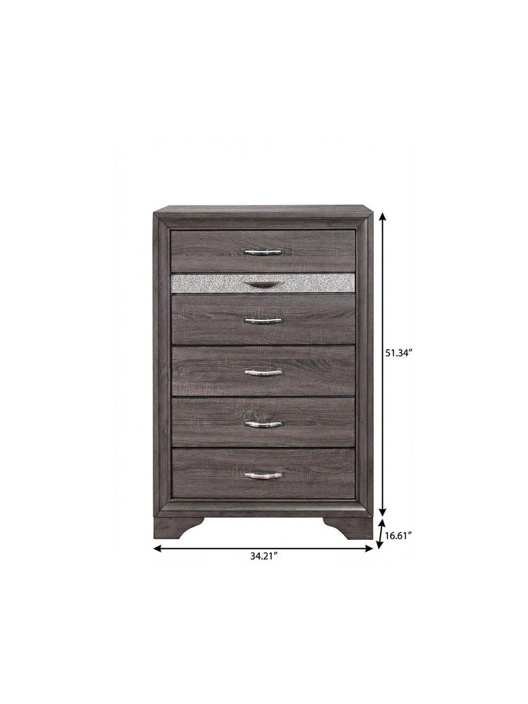 34" Gray Faux Crystal Bling Wood Six Drawer Dresser
