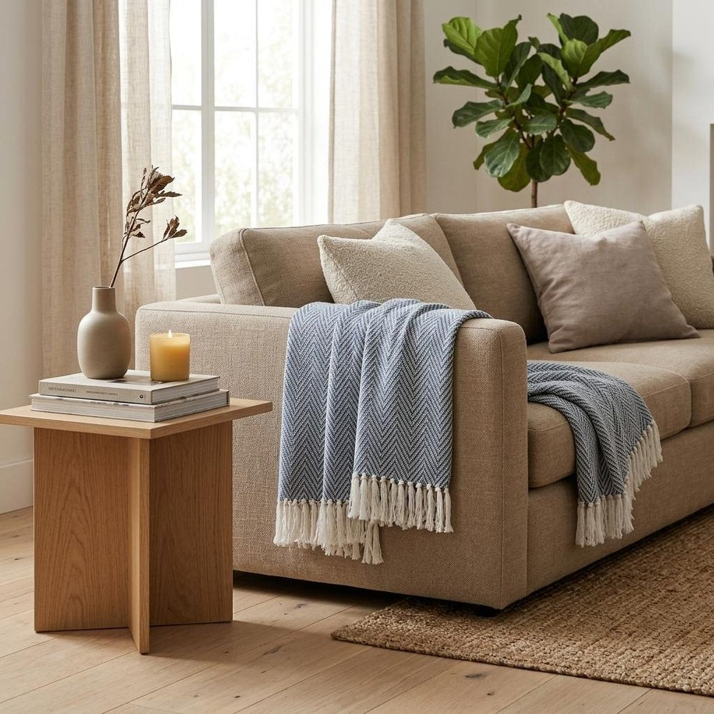Blue Woven Cotton Striped Throw Blanket