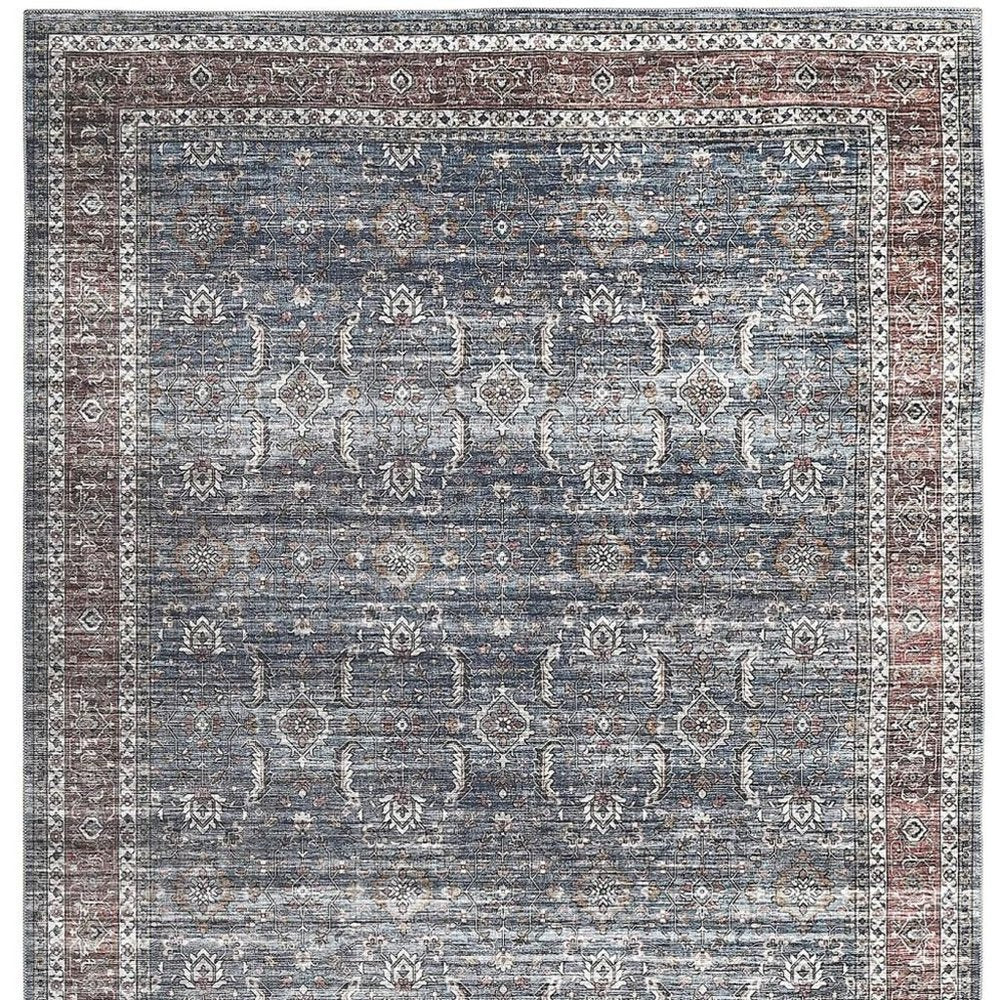 5' X 8' Blue Oriental Distressed Stain Resistant Area Rug