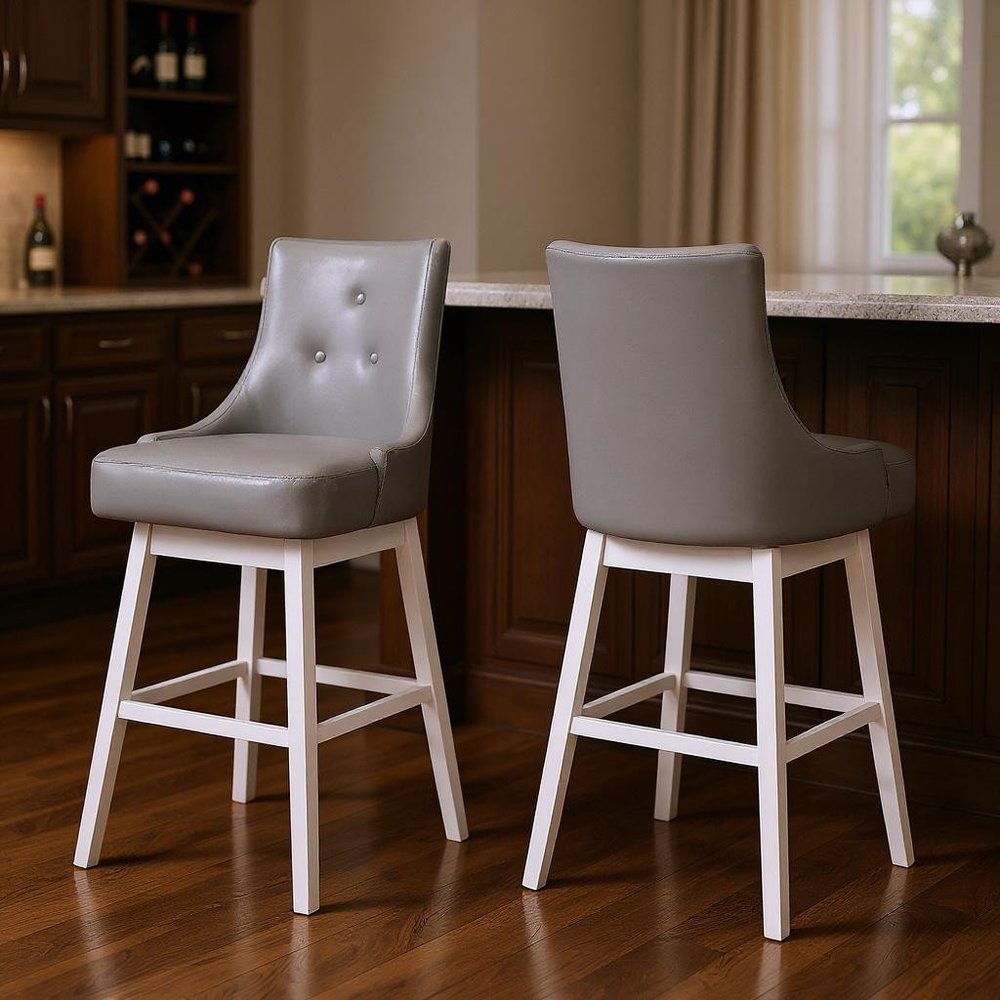 Set of Two 29" Gray and White Faux Leather and Solid Wood Bar Height Swivel Bar Chairs