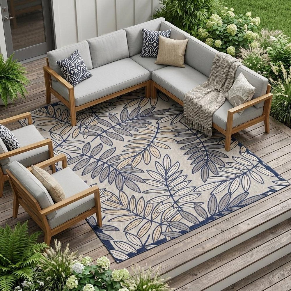 12' X 15' Ivory And Blue Indoor Outdoor Area Rug