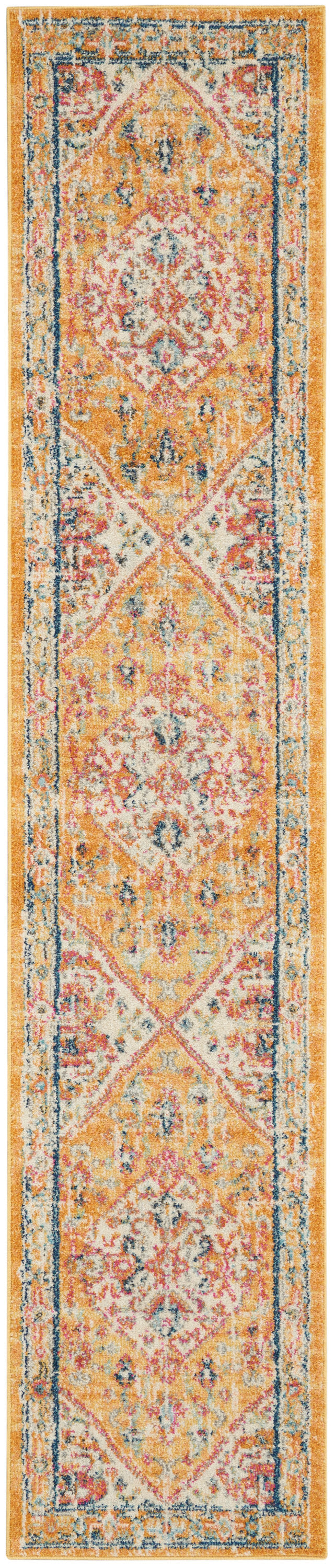 Narrow vintage-style oriental runner rug in warm gold, pink and blue with diamond medallions.