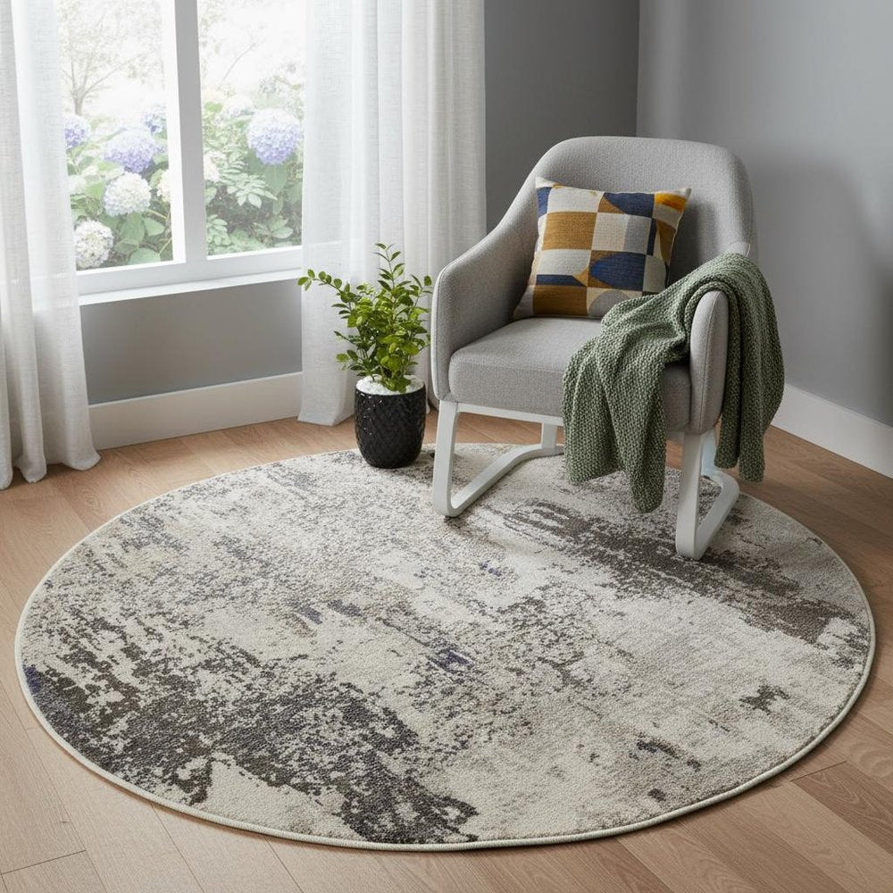 4' X 4' Ivory And Grey Round Abstract Power Loom Non Skid Area Rug