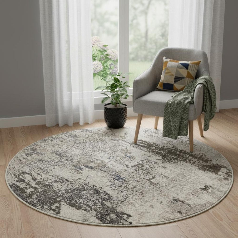 5' X 5' Ivory And Grey Round Abstract Power Loom Non Skid Area Rug