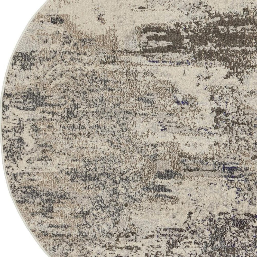 8' X 8' Ivory And Grey Round Abstract Power Loom Non Skid Area Rug