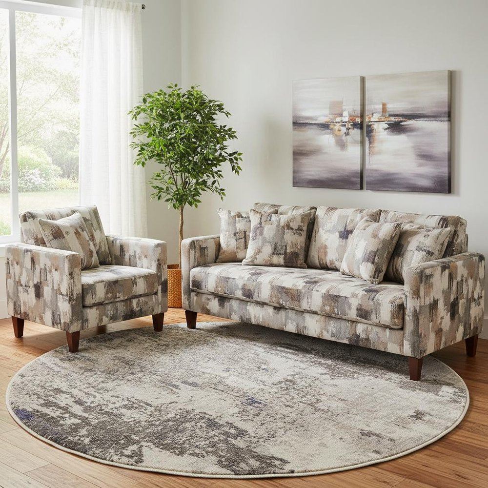 8' X 8' Ivory And Grey Round Abstract Power Loom Non Skid Area Rug