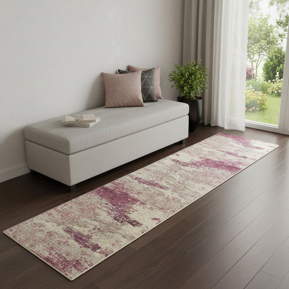 2' X 6' Ivory And Pink Abstract Power Loom Non Skid Runner Rug