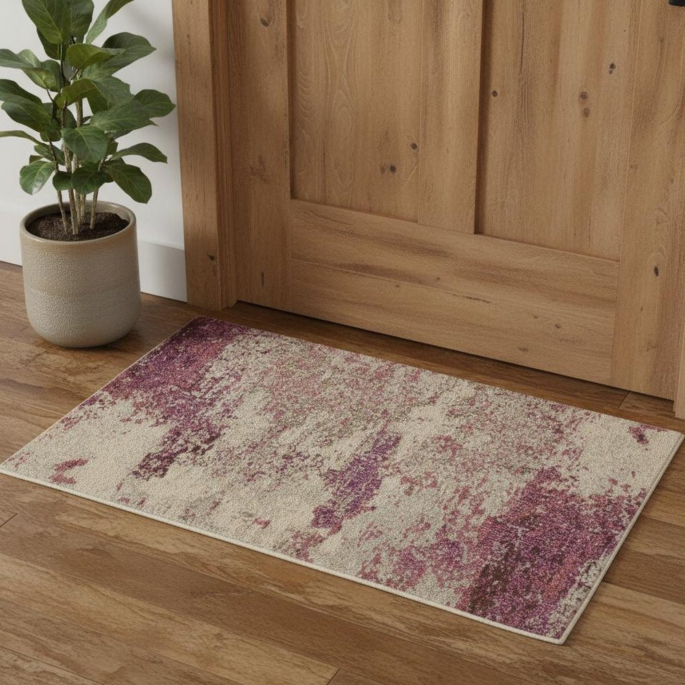 2' X 4' Ivory And Pink Abstract Power Loom Non Skid Area Rug