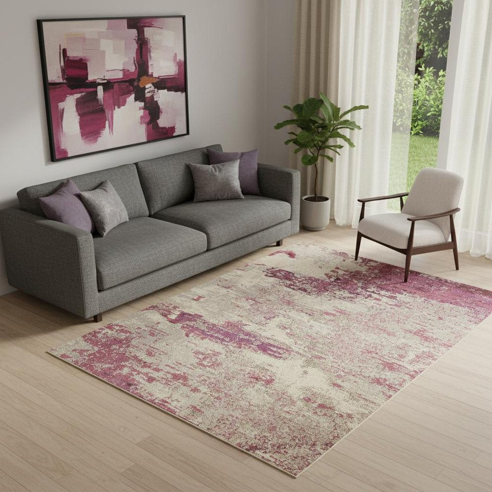 5' X 7' Ivory And Pink Abstract Power Loom Non Skid Area Rug