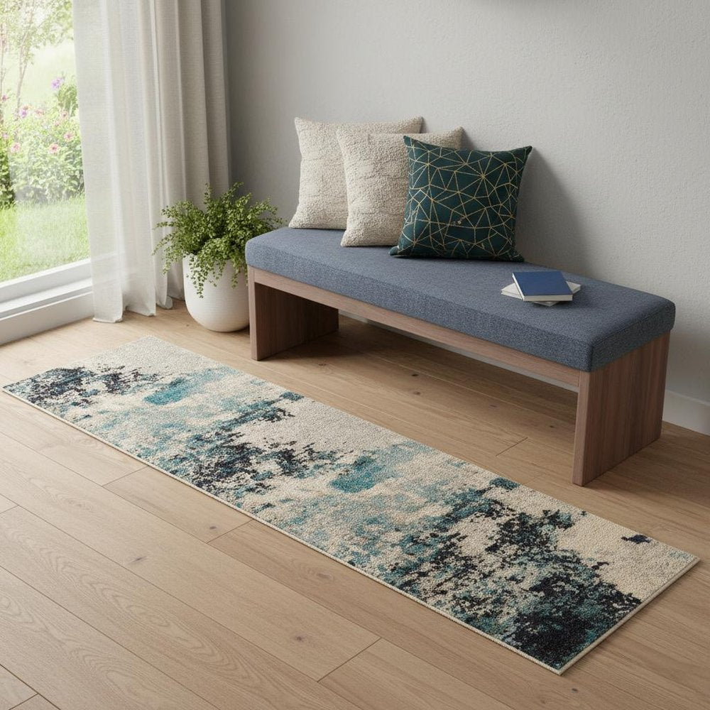 2' X 6' Ivory And Teal Blue Abstract Power Loom Non Skid Runner Rug