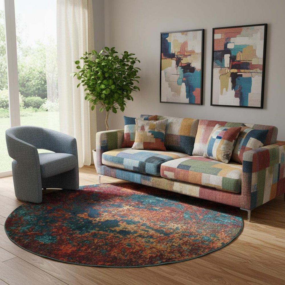 8' X 8' Atlantic Round Abstract Power Loom Non Skid Area Rug