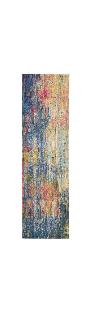 2' X 8' Blue And Yellow Abstract Power Loom Non Skid Runner Rug