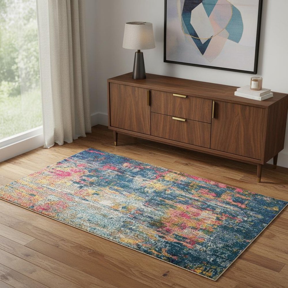 4' X 6' Blue And Yellow Abstract Power Loom Non Skid Area Rug