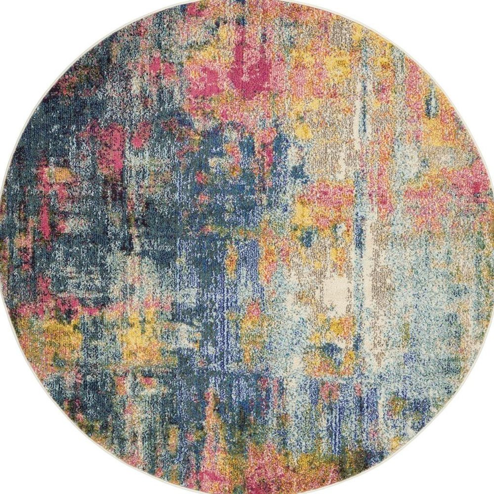 4' Blue And Yellow Abstract Round Rug