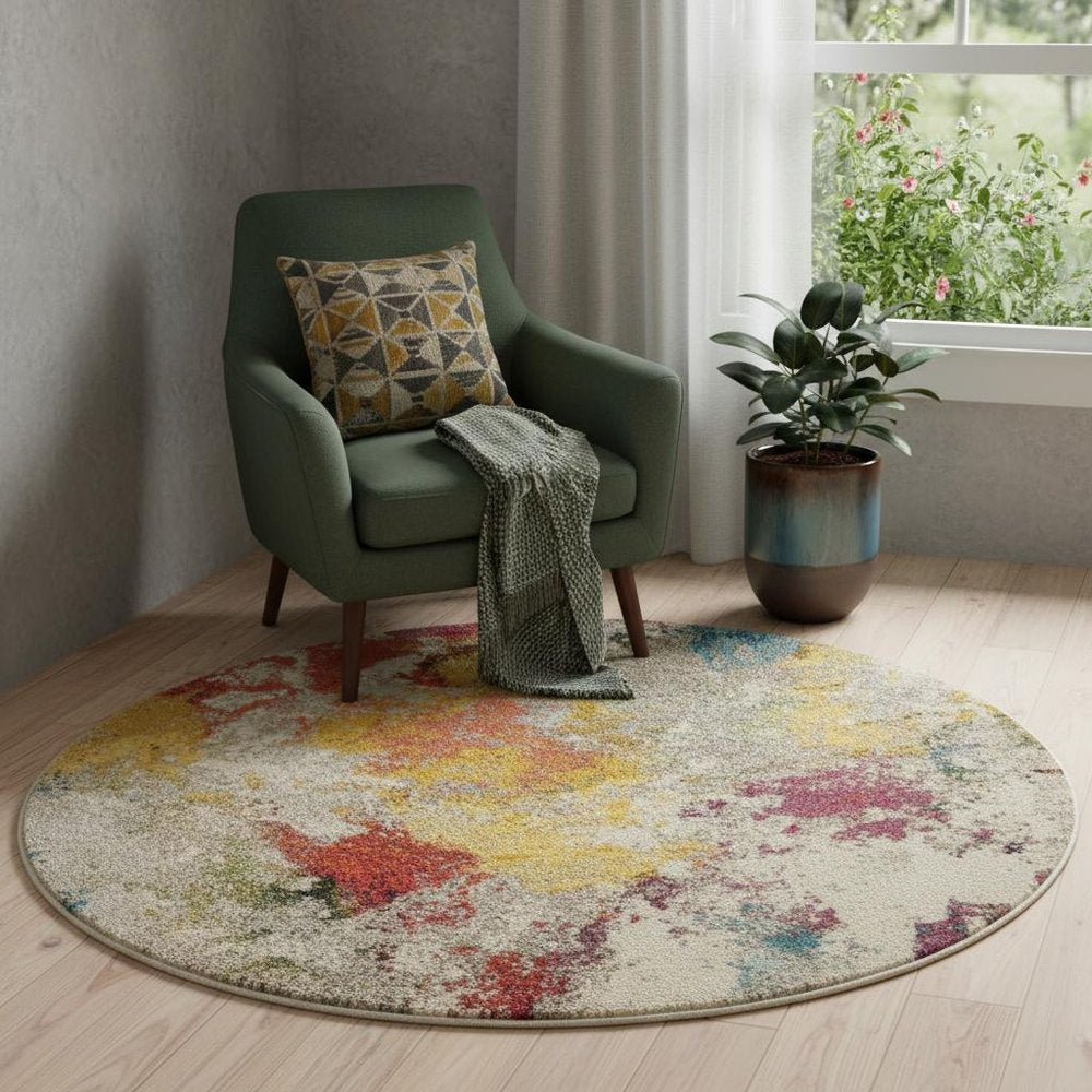 5' X 5' Ivory Round Abstract Power Loom Non Skid Area Rug