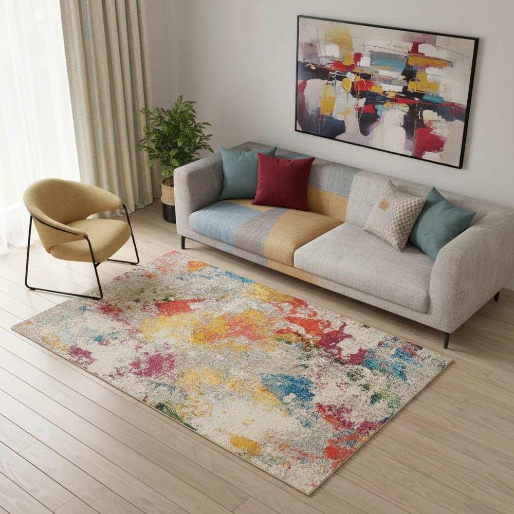 5' X 7' Ivory Abstract Power Loom Non Skid Area Rug