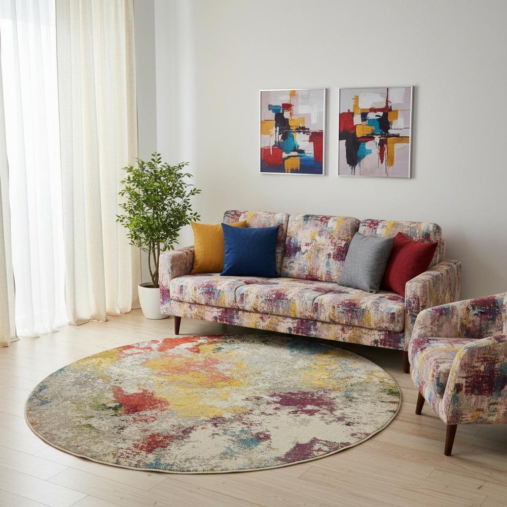 8' X 8' Ivory Round Abstract Power Loom Non Skid Area Rug