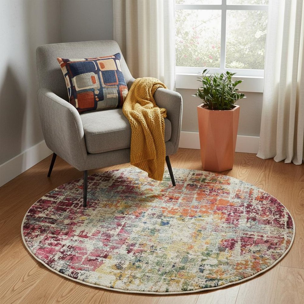 5' X 5' Pink Round Abstract Power Loom Distressed Non Skid Area Rug