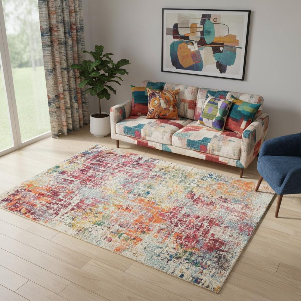 5' X 7' Pink Abstract Power Loom Distressed Non Skid Area Rug
