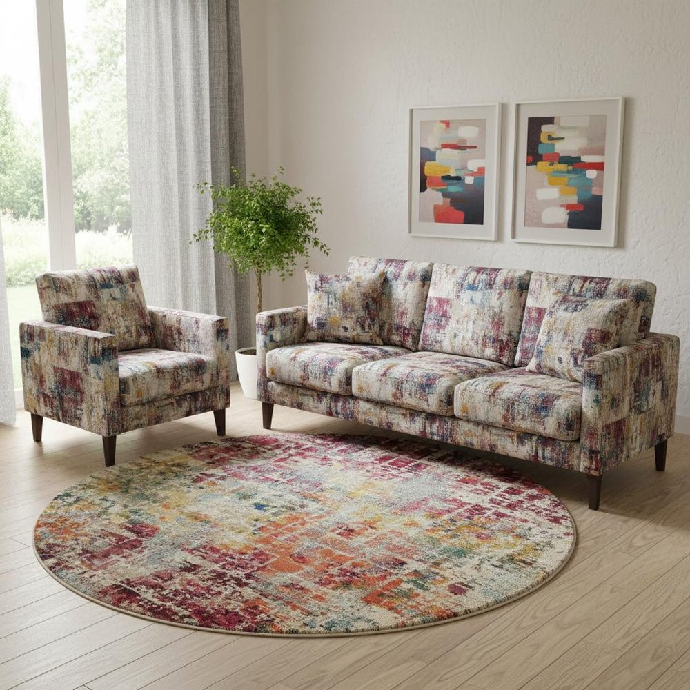 8' X 8' Pink Round Abstract Power Loom Distressed Non Skid Area Rug
