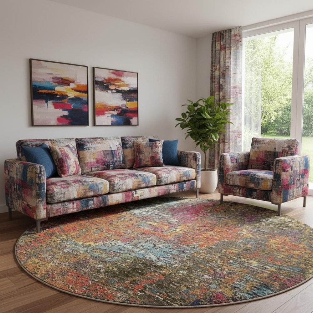 8' X 8' Sunset Round Abstract Power Loom Non Skid Area Rug