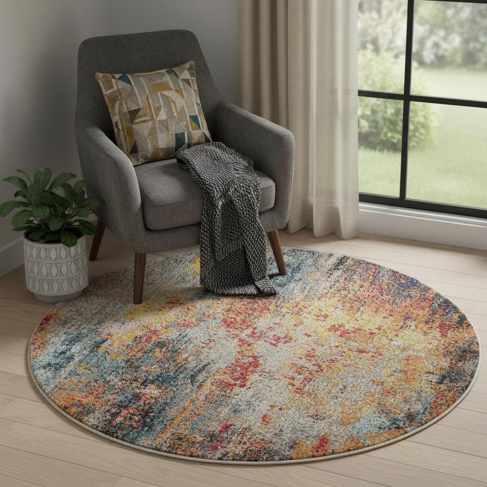4' Blue And Orange Abstract Round Rug