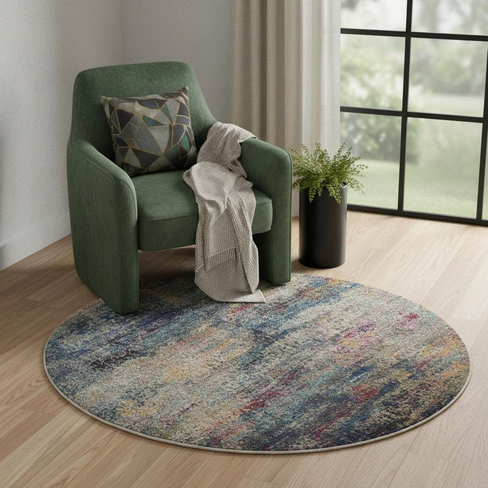4' Blue And Ivory Abstract Round Rug