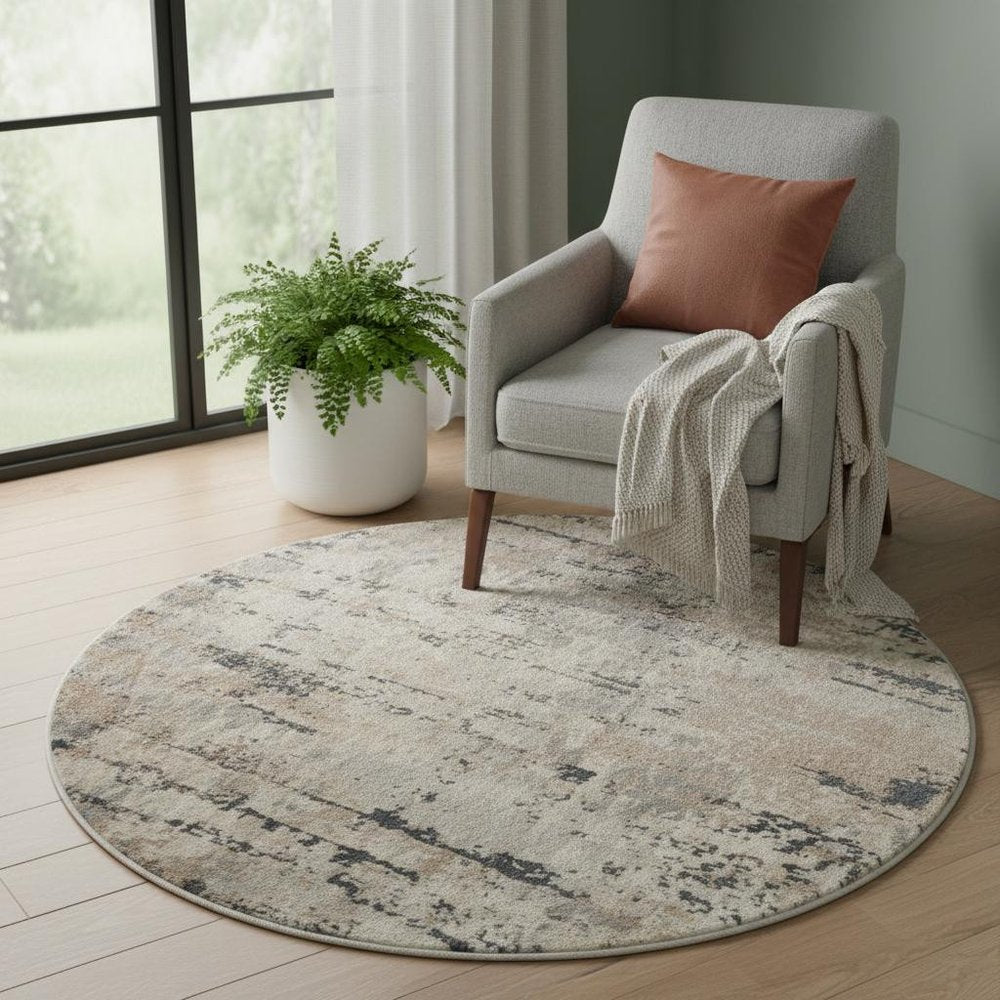 4' X 4' Beige And Grey Round Abstract Power Loom Non Skid Area Rug