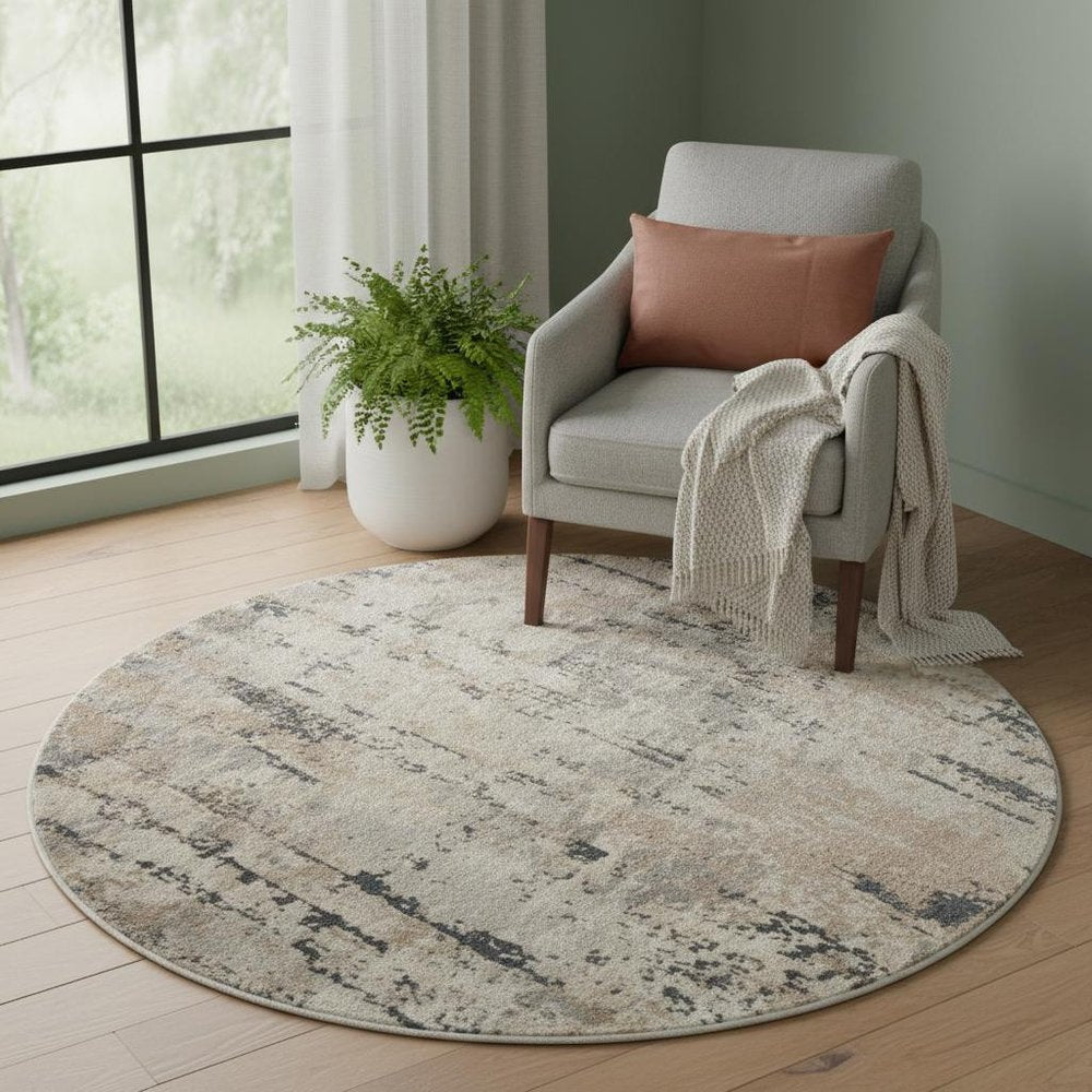 5' X 5' Beige And Grey Round Abstract Power Loom Non Skid Area Rug