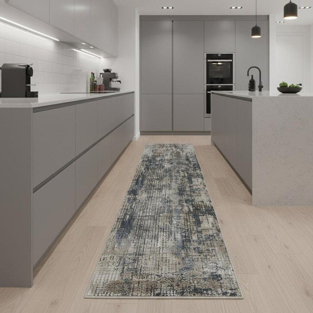 2' X 8' Blue And Beige Abstract Power Loom Distressed Non Skid Runner Rug