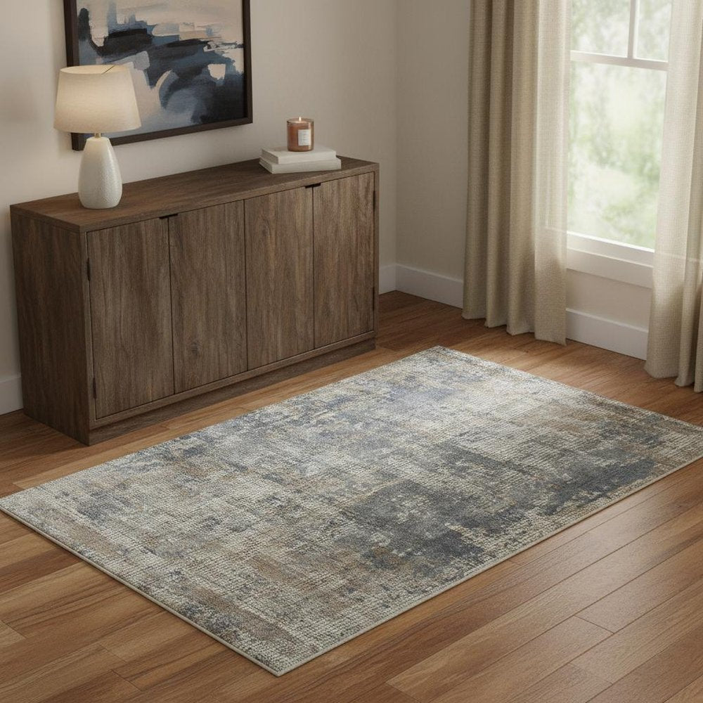 4' X 6' Blue And Beige Abstract Power Loom Distressed Non Skid Area Rug