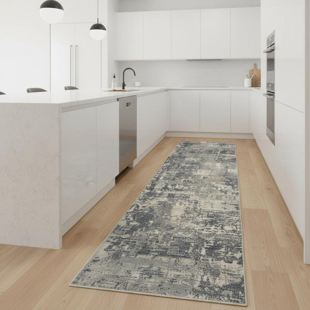 2' X 8' Grey And Beige Abstract Power Loom Non Skid Runner Rug