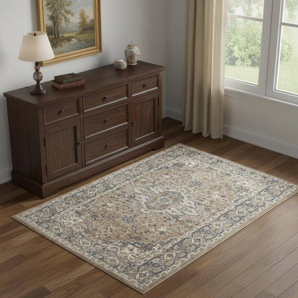 4' X 6' Beige And Grey Oriental Power Loom Non Skid Area Rug