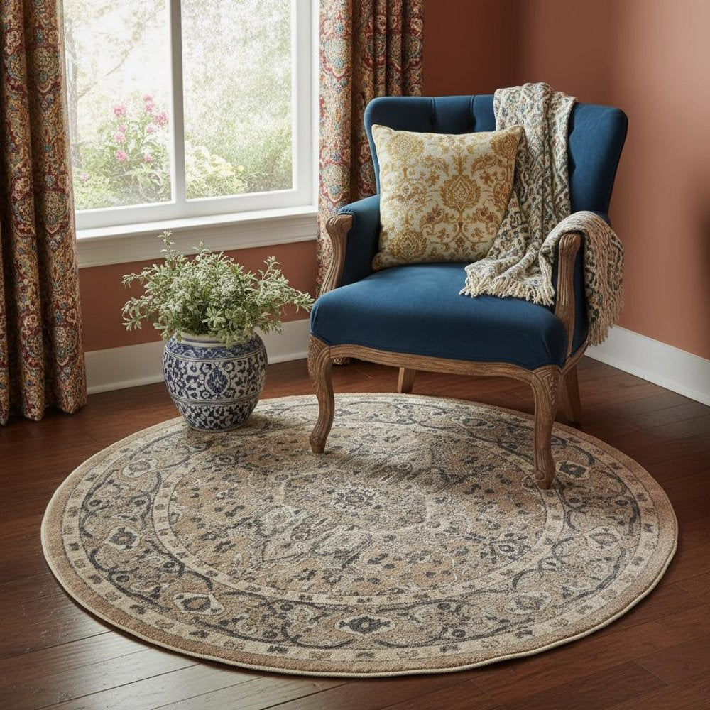 5' X 5' Beige And Grey Round Oriental Power Loom Non Skid Area Rug