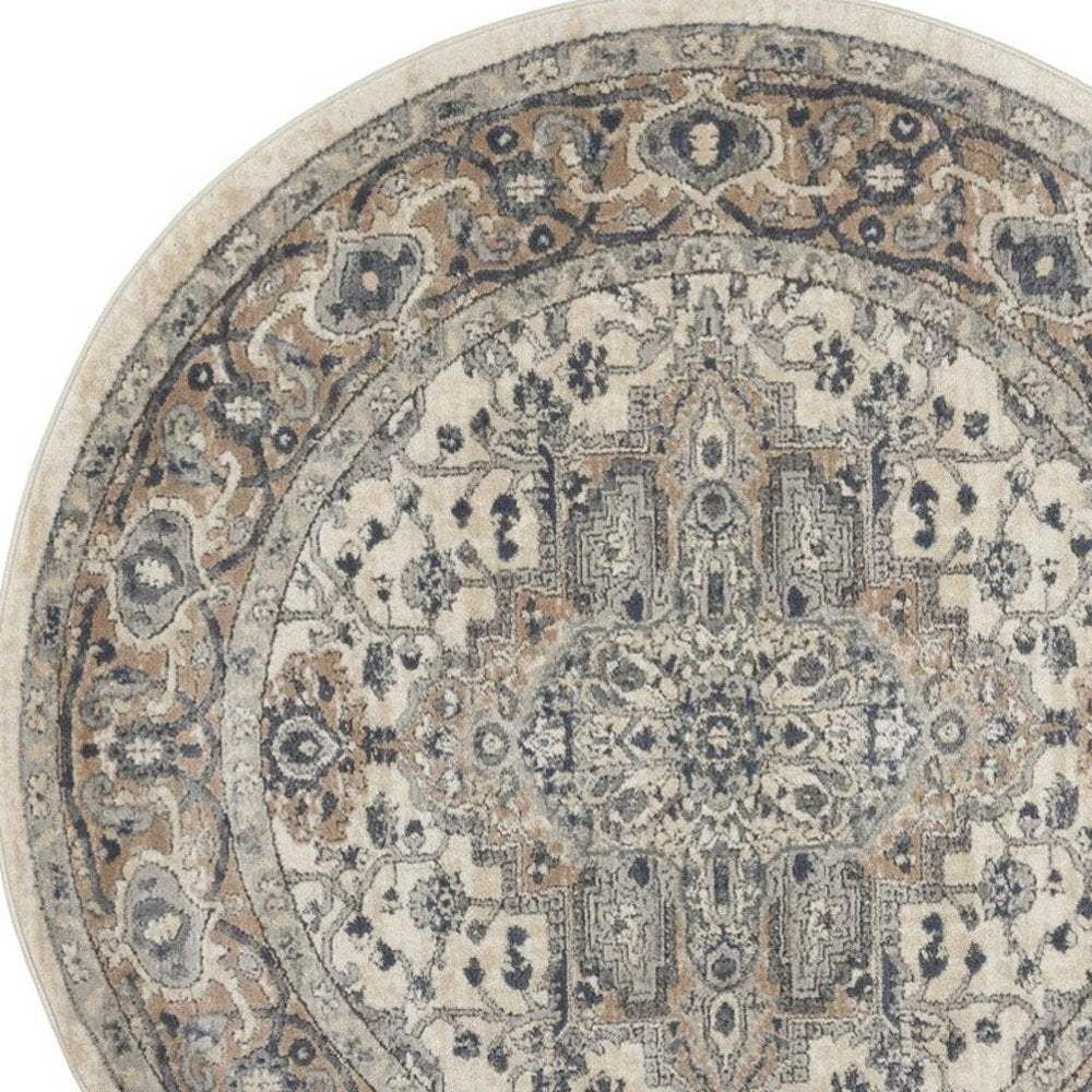 4' Ivory And Gray Oriental Distressed Round Rug