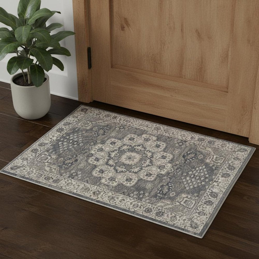 3' X 5' Grey And Ivory Oriental Power Loom Non Skid Area Rug
